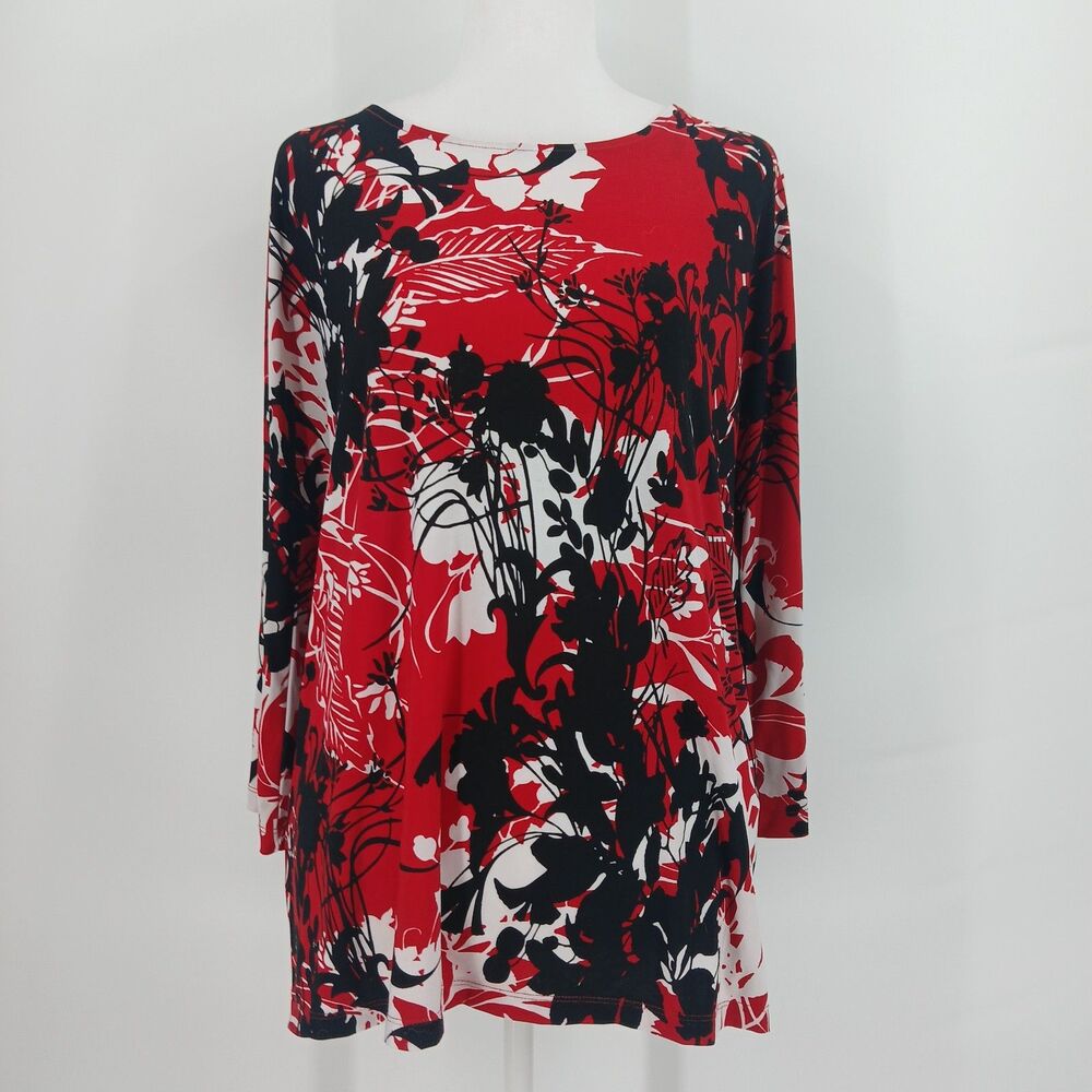 Chico's Floral Abstract Print 3/4 Sleeve Top Size 1 Medium Red Black White